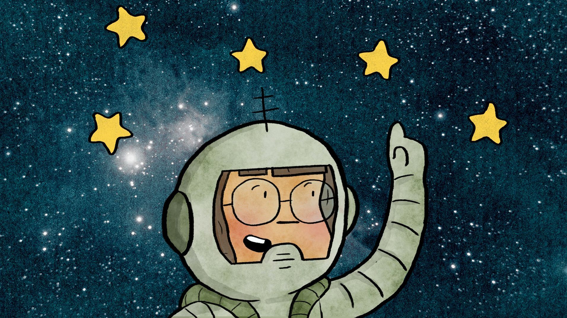 An illustrated astronaut floating among stars in the Olive app.