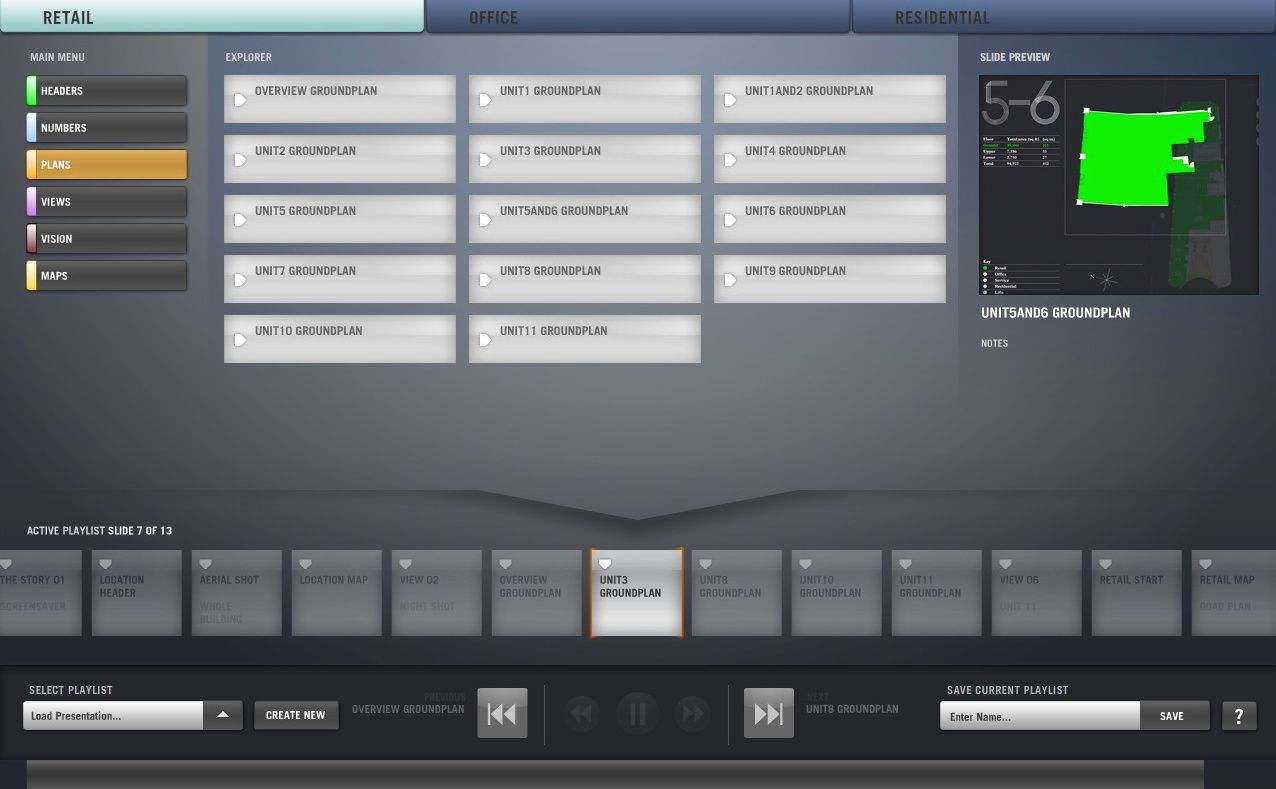 The Park House presentation interface with sections, saved presentations and media controls.