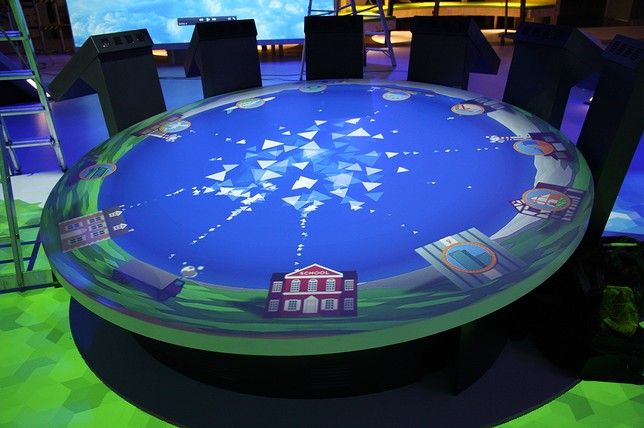 A circular interactive table showing a shared illustrated landscape surrounded by touchscreen stations.