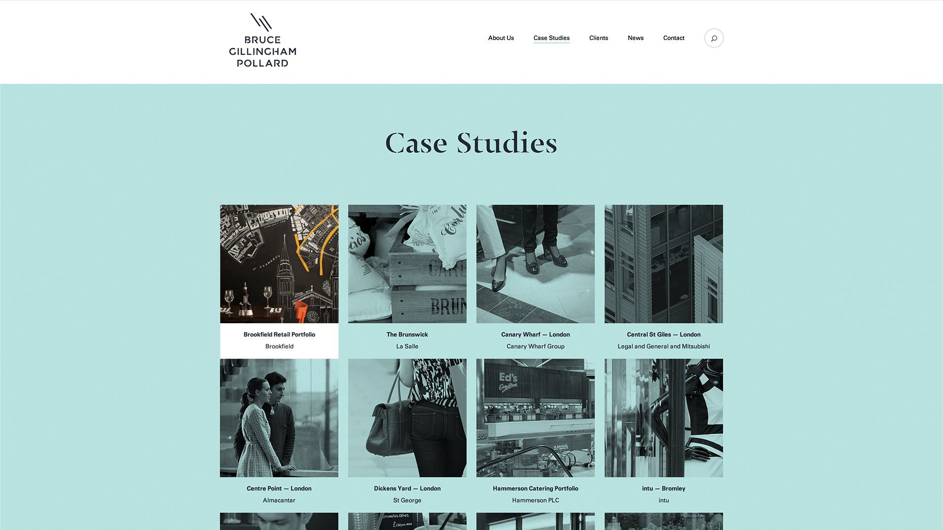 A pale blue case-studies page presenting a grid of property projects.