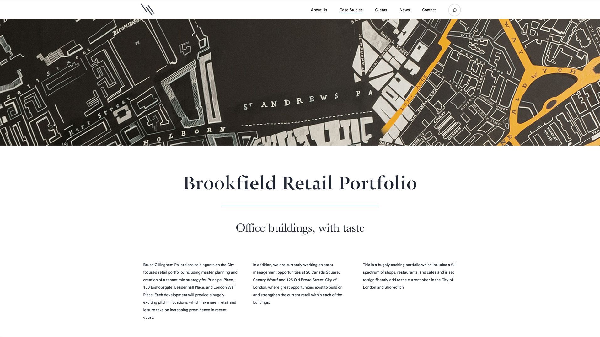 A Brookfield Retail Portfolio case-study page combining the map with project information.