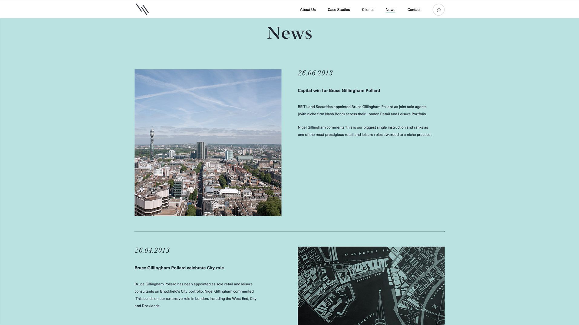 The website news page with articles arranged against a pale blue background.