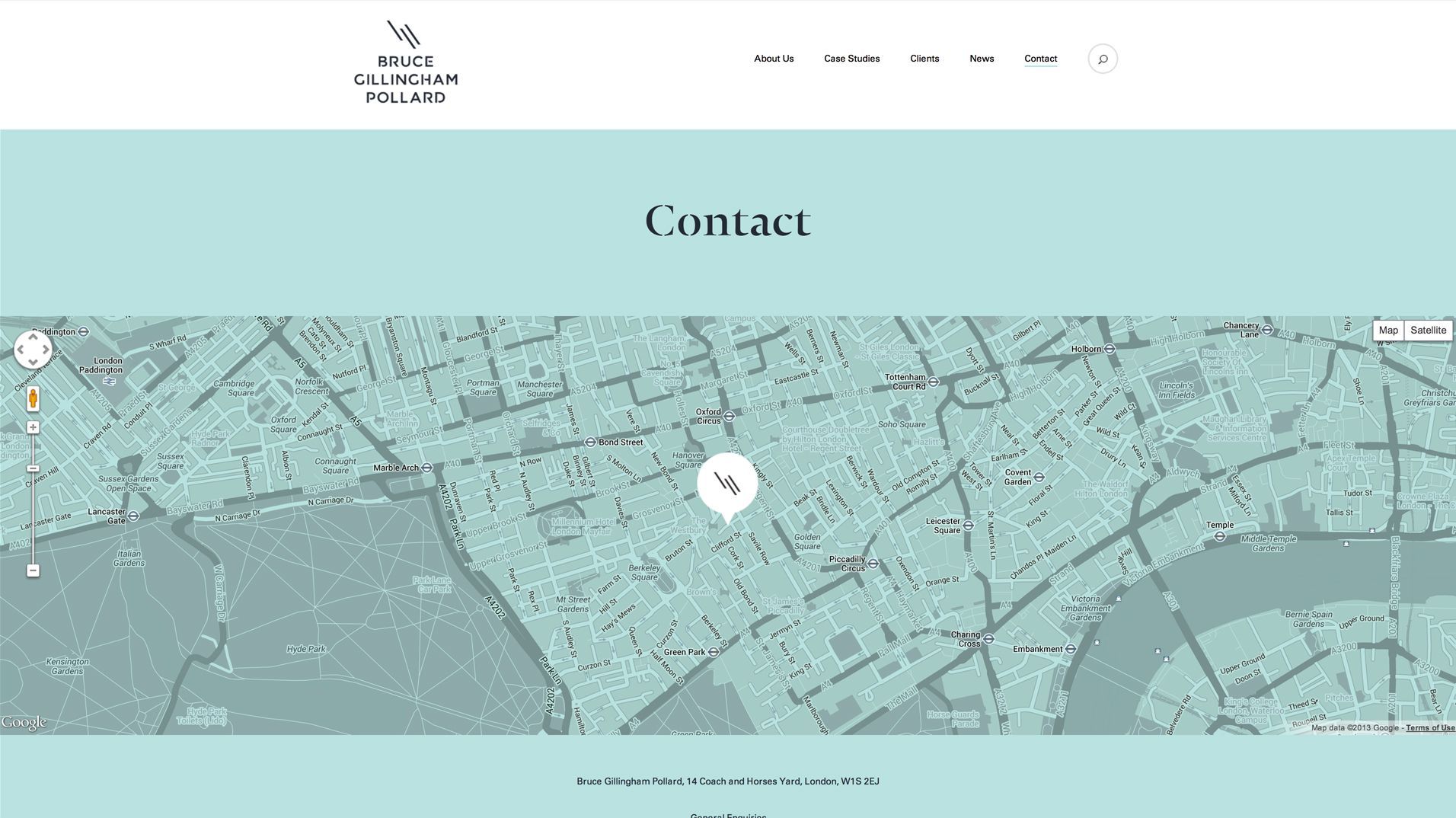 The contact page showing the consultancy location on a full-width map.