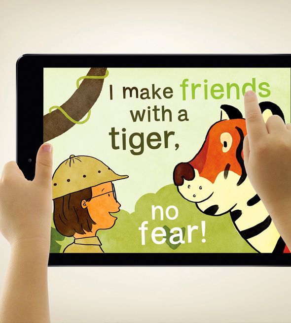 A child exploring an illustrated Olive app story on a tablet.
