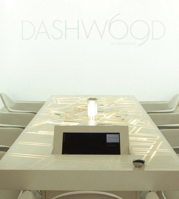 The illuminated Dashwood interactive meeting table in front of a wide projection.