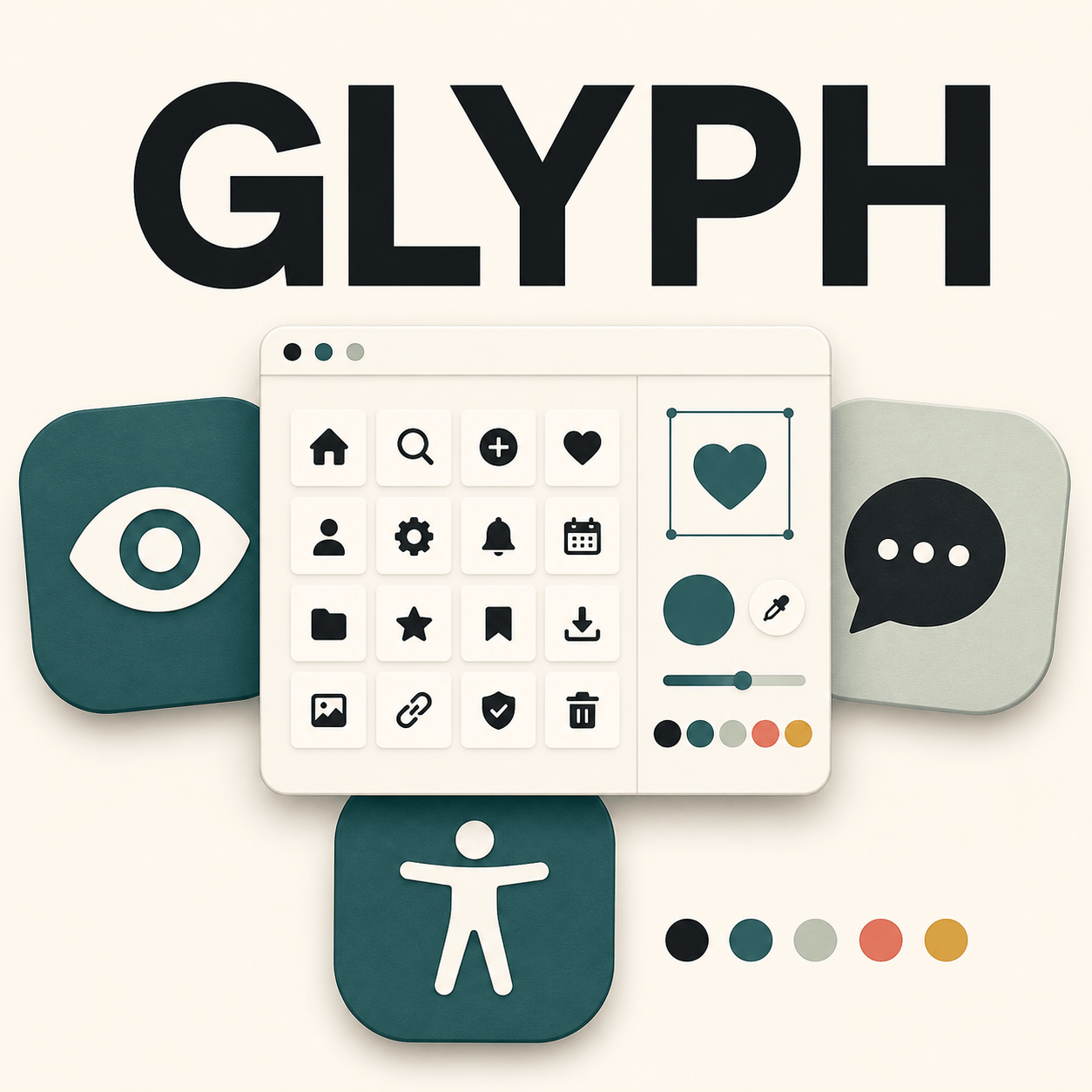 Glyph wordmark above an illustrated icon library and colour customisation interface.