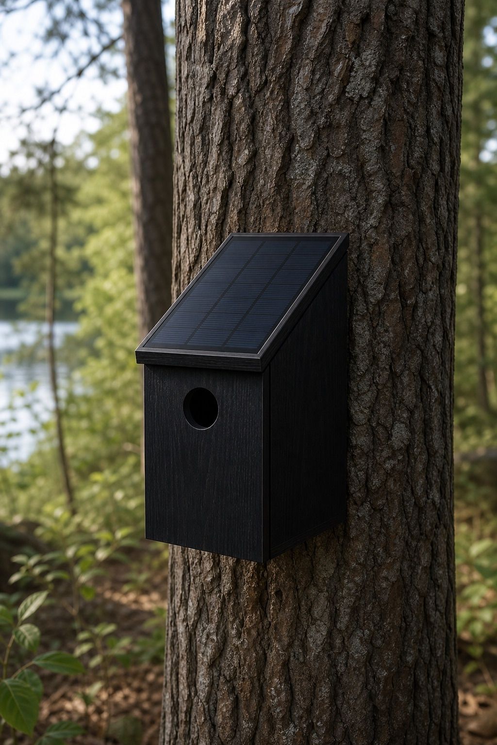 A black solar-powered Drey enclosure mounted to a tree in woodland.
