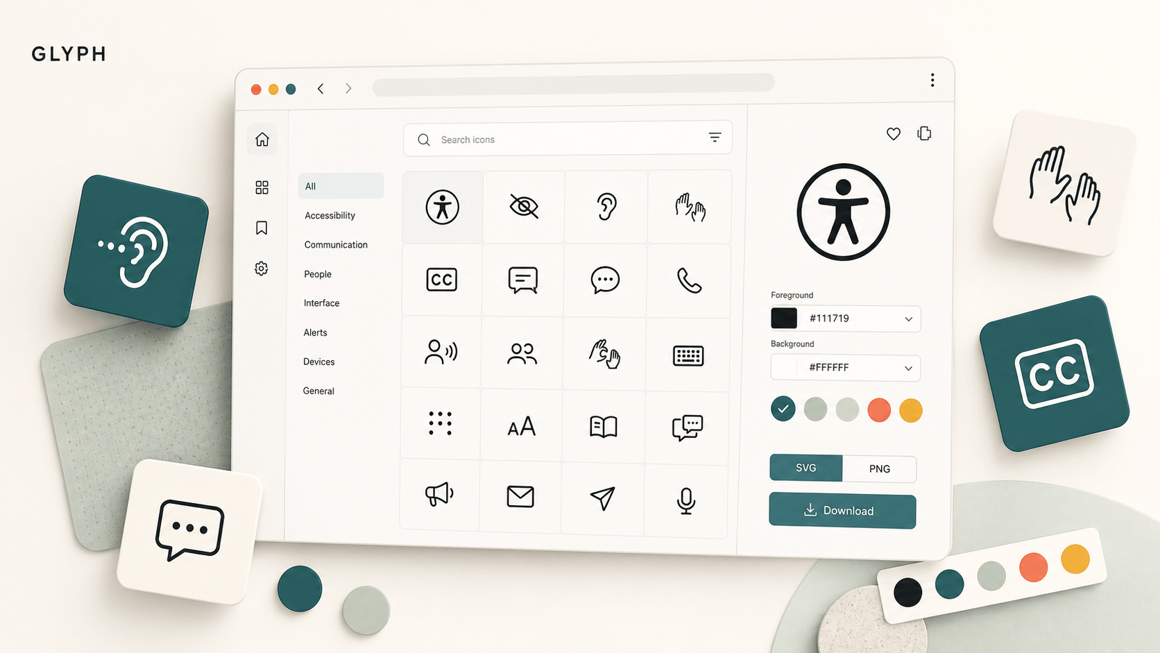 Glyph icon library interface showing searchable accessibility icons, colour controls and SVG or PNG download options.