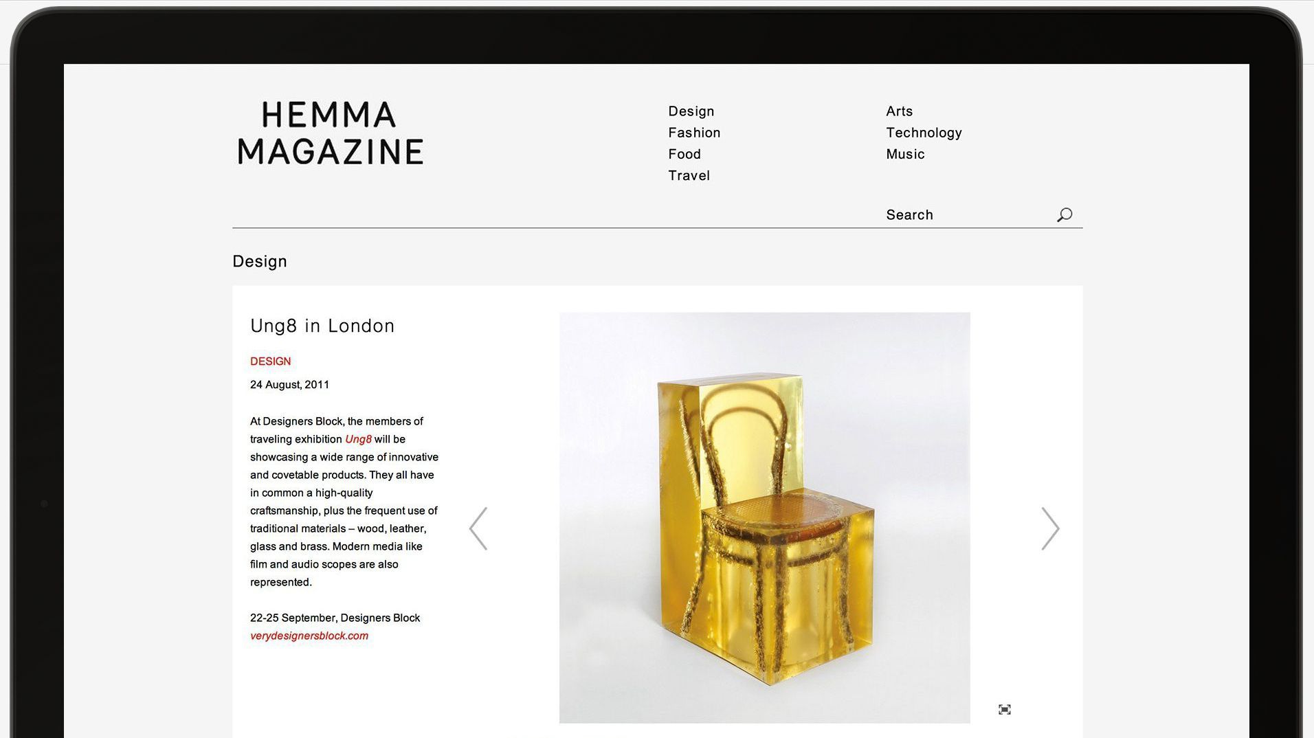 A design article featuring the gold chair used in Hemma’s launch identity.