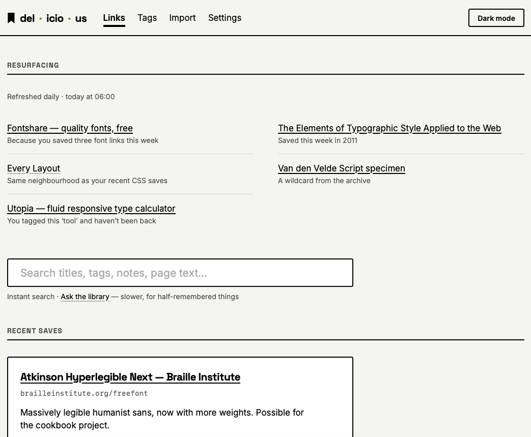 The Delicious links page, with a daily resurfacing section, a single search box and a list of recent saves.