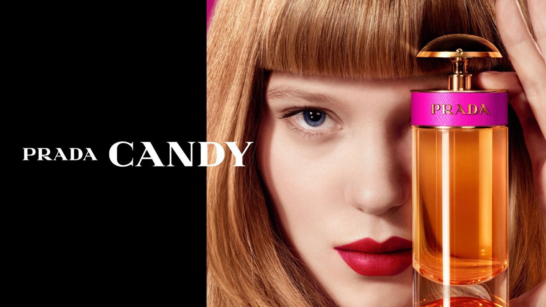 Prada Candy fragrance packaging beside the campaign portrait.