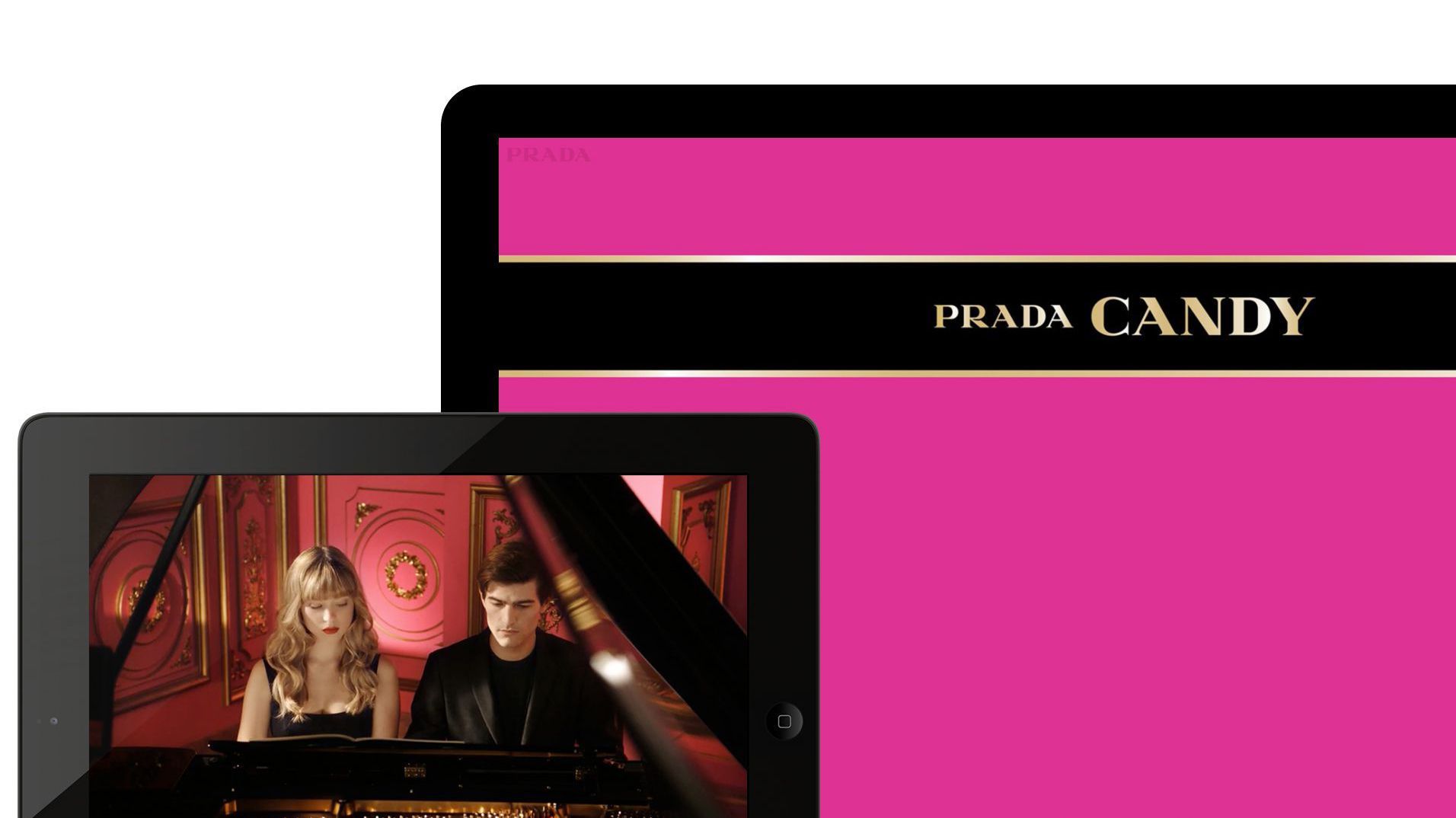 The vivid pink Prada Candy experience shown on desktop and tablet screens.