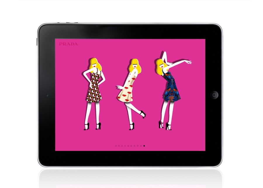 Three illustrated Prada Candy characters presented on the tablet experience.
