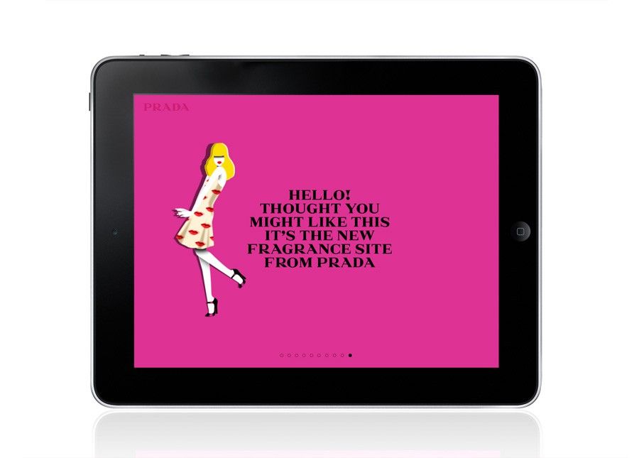 An illustrated character delivering a playful fragrance message on the pink interface.