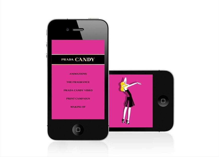 The Prada Candy navigation and illustrated content adapted across two mobile screens.