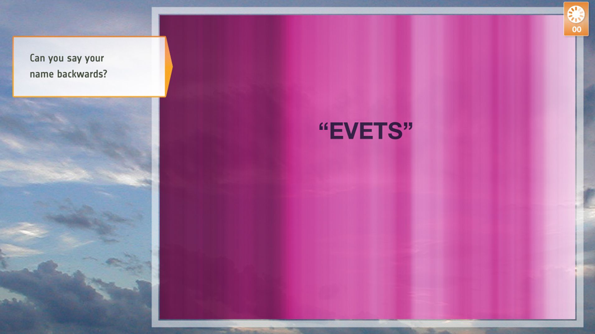 A gallery interface asking visitors whether they can say their name backwards.
