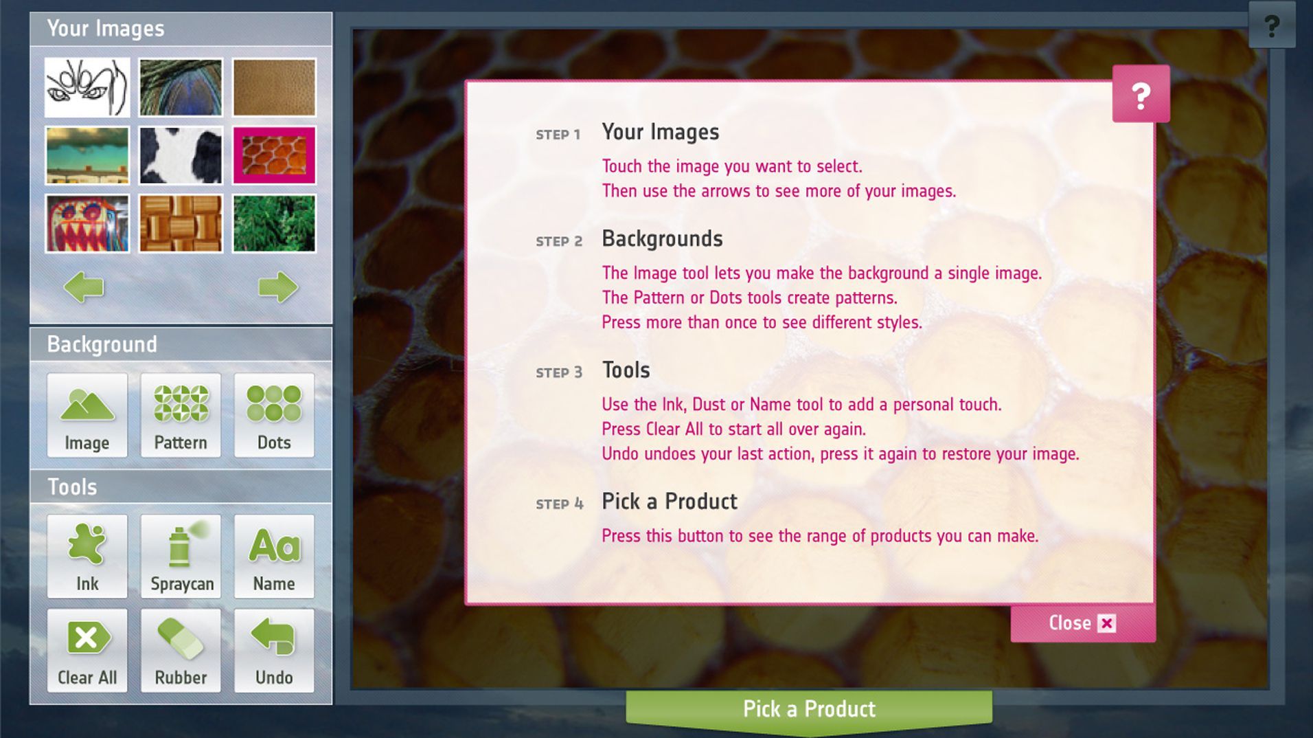 An editing interface for choosing images and composing a printed design.