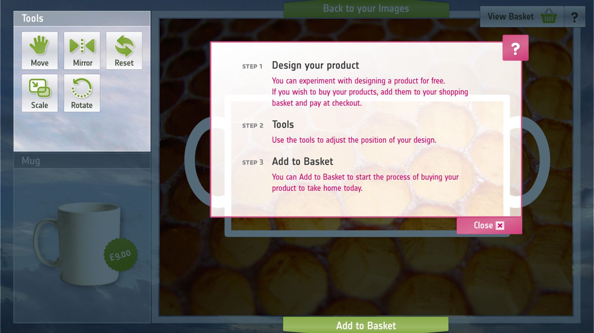 A basket interface explaining how visitors can save, edit and print their work.