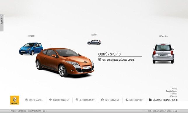 The Renault TV model browser presenting several vehicle ranges and channel navigation.