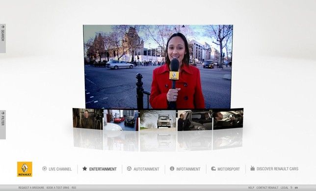 A Renault TV programme page with a presenter video and a strip of related episodes.