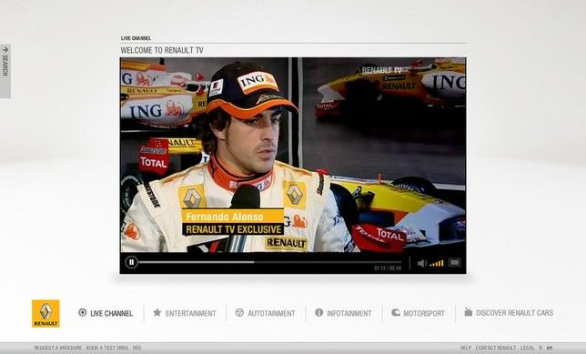 Motorsport coverage playing within the Renault TV video interface.