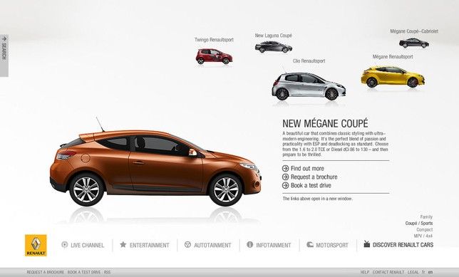 A Renault Mégane Coupé product view with model variants and technical details.