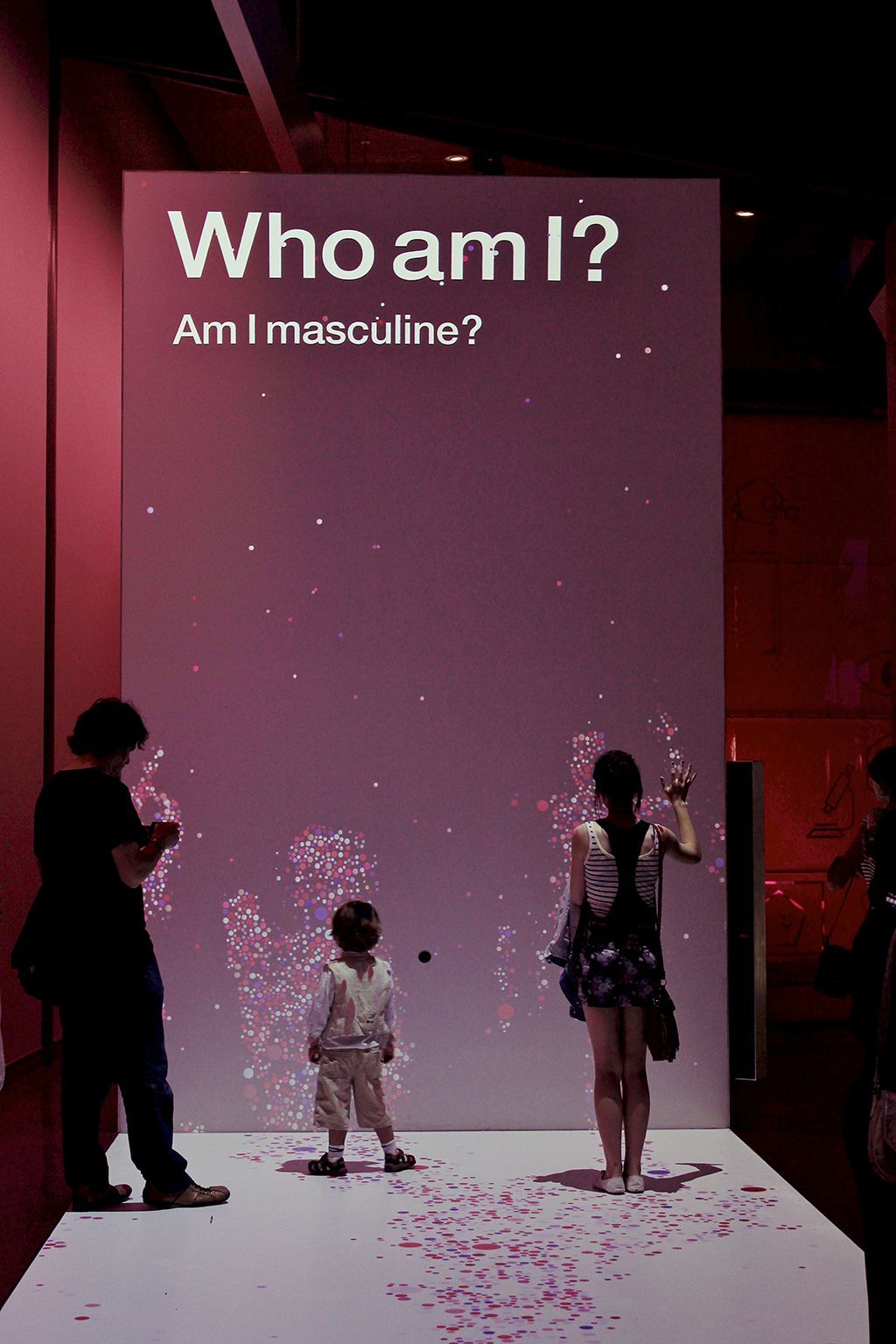The Who Am I gallery entrance asking Am I masculine while visitors explore the projection.