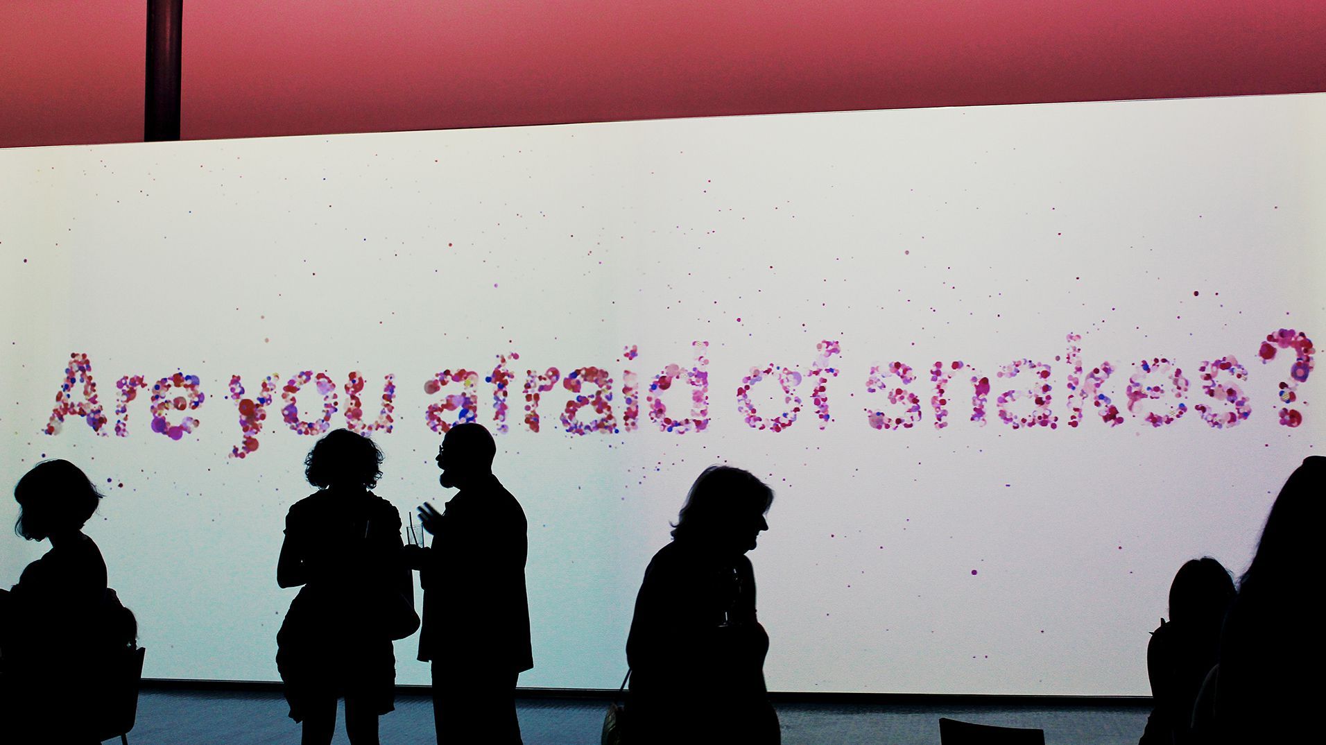 The question Are you afraid of snakes rendered from coloured particles across the gallery wall.